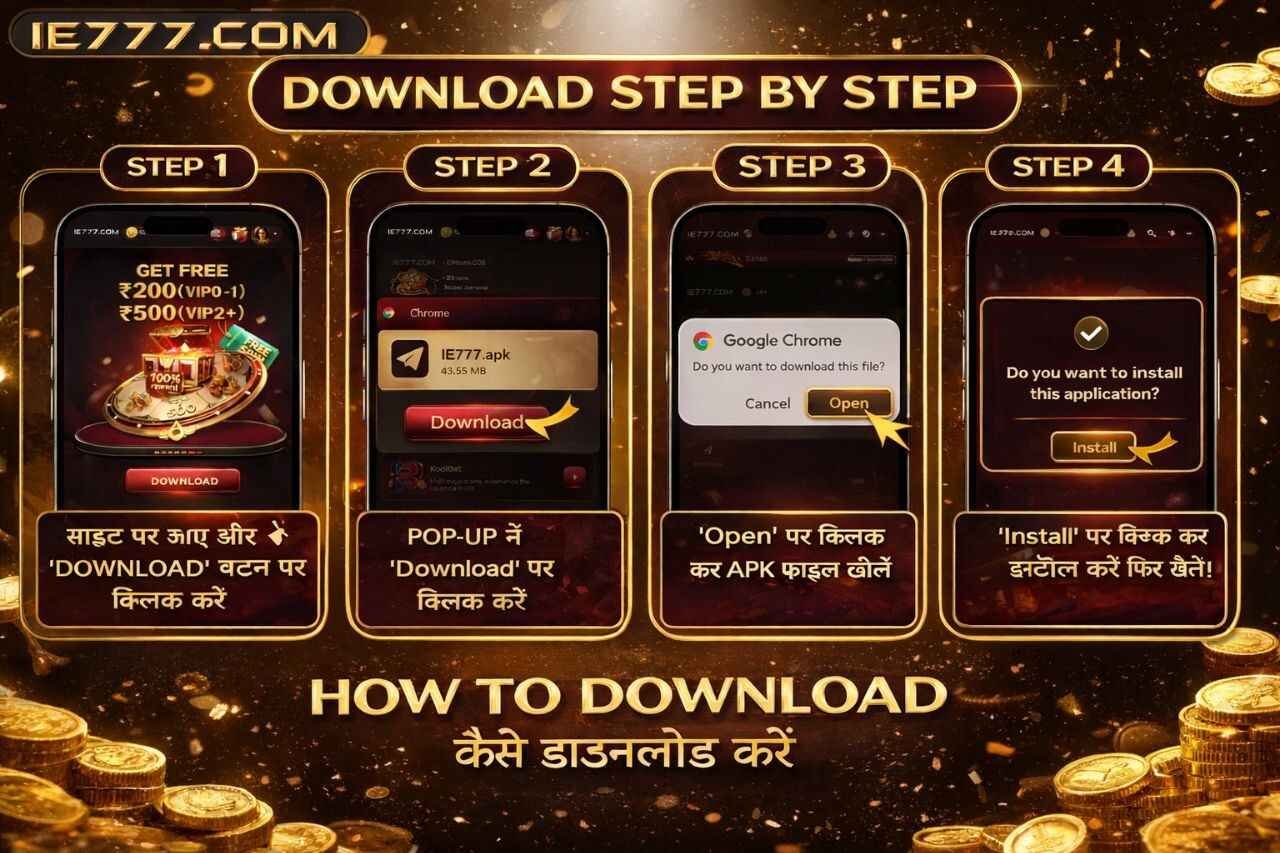 IE777 download step by step guide showing how to install APK using Google Chrome on mobile