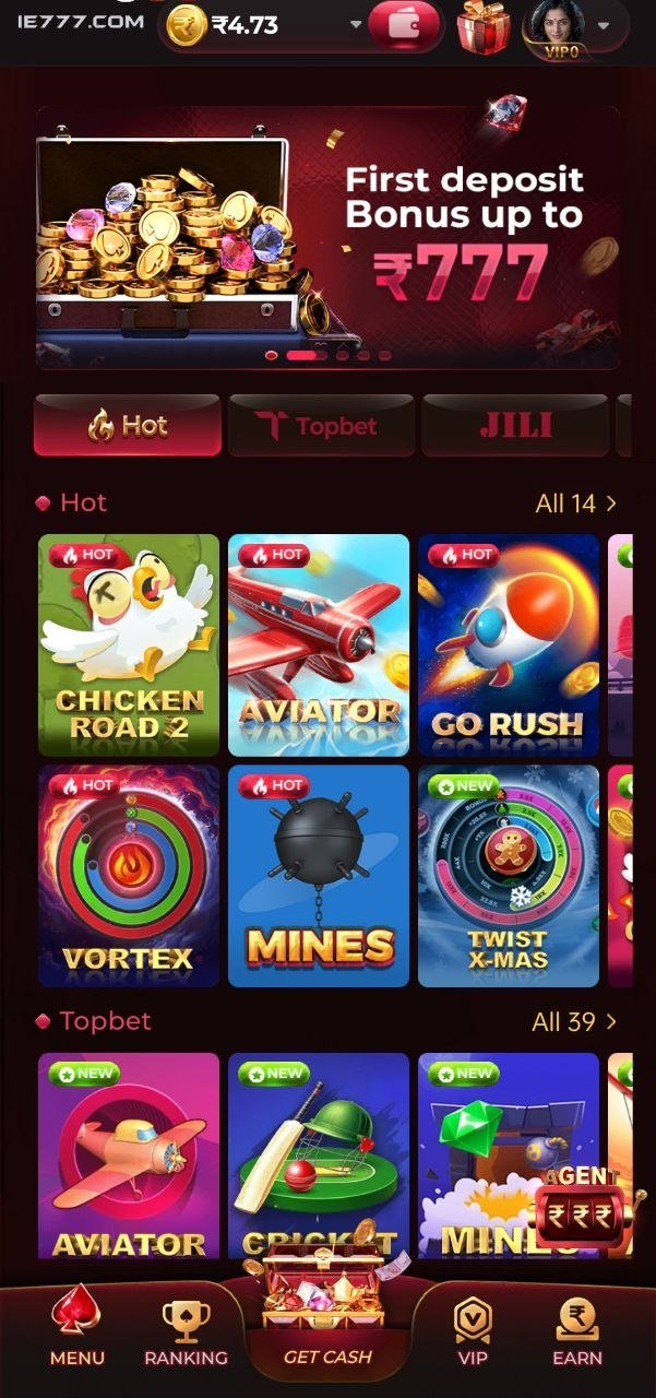 IE777 game download dashboard with aviator chicken road vortex mines and multiple casino games